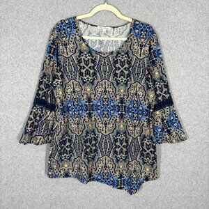 Studio Works Tunic Large Navy Crochet Medallion Boho Artsy Lagenlook Butt Cover